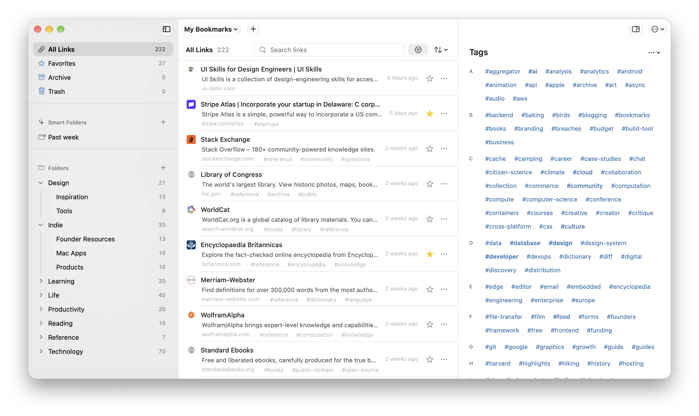 Marque’s bookmark library with folders, saved links, and tags
